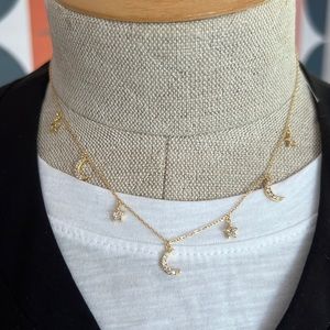 NEW Dainty Gold Collar Necklace With Pave Moon and Star Charms